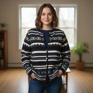 Vintage KAREN SCOTT II Pure Wool Cardigan Sweater 1X Navy Blue Fair Isle Striped